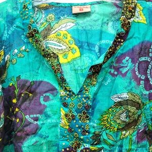 LA MODA HINDU | BL/GR PRINT BEADED NECKLINE TOP, M